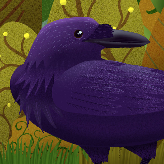 A stylized purple crow looks over its shoulder. Various plants stand in the background, rendered in flat shapes of browns, greens, and yellows.